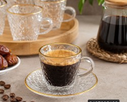 طقم فناجين قهوة زجاج مع استكانات قاع مبزر مع يد وحيف ذهبي 24 قطعة ( 12 فنجان + 12 استكانة )