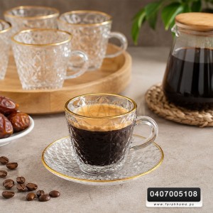 طقم فناجين قهوة زجاج مع استكانات قاع مبزر مع يد وحيف ذهبي 24 قطعة ( 12 فنجان + 12 استكانة )