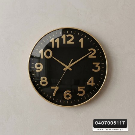 ساعة حائط لون اسود ارقام واطار ذهبي 40 سم مدور