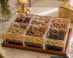 مضيفة اكريليك 6 علب بغطا اطار ذهبي قاعد خشب 