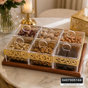 مضيفة اكريليك 6 علب بغطا اطار ذهبي قاعد خشب 