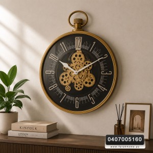 ساعة حائط حديد مدور 60 سم × 45 سم مسننات مع ارقام ذهبي / فضي مع حمالة تاج