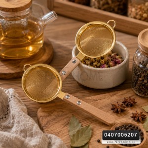 مصفاة شاي ستانليس مذهب يد خشب