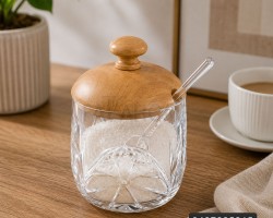 سكرية اكريليك بلاستيك غطا خشب مع ملعقة