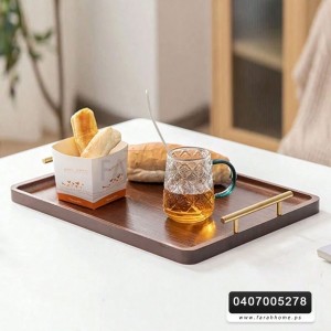 طقم صواني 3 قطع تفضيل - تقديم شاي مستطيل خشب مانجو ثقيل مع يد ذهبي