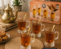 طقم كاسات 12 قطعة شاي زجاج قاعدة محزز Elegant مع ايد
