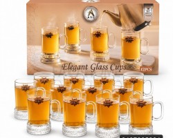 طقم كاسات 12 قطعة شاي زجاج قاعدة محزز Elegant مع ايد
