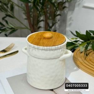 مرتبان - سكرية بورسلان شكل برميل غطاء بامبو
