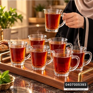 طقم كاسات شاي شكل برميل مع يد  قلب / 6 كاسات