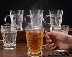 طقم كاسات شاي شكل قبع متداخل مع حز سترص ويد مدورة / 6 كاسات
