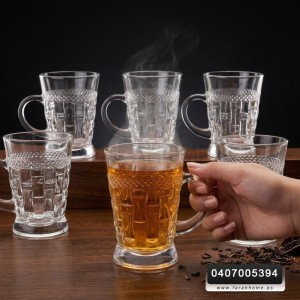 طقم كاسات شاي شكل قبع متداخل مع حز سترص ويد مدورة / 6 كاسات