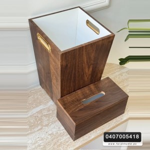 طقم سلة مهملات مربع مع علبة محارم خشبي بني بايدي ذهبيه طقم سلة مهملات مربع مع علبة محارم خشبي بني بايدي ذهبيه