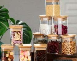 طقم/12 علب مطربان بهار زجاج مربع غطا خشب بامبو 