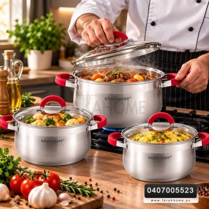 طقم طناجر/3 ستانليس ثقيل 18-20-24 اندكشن غطاء زجاجGUDENHOFF 
