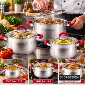 طقم طناجر/3 نمر 22-24-26 ستانليس ثقيل اندكشن غطاء زجاج GUDENHOFF  