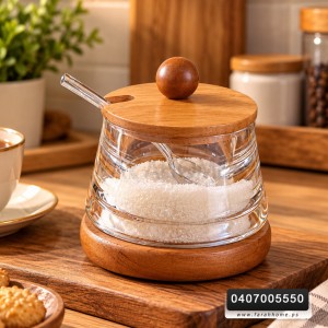 سكرية زجاج مع خشب ثقيل مدور مع غطا خشب ومعلقه
