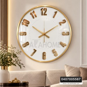 ساعة دائرية ارضية ابيض / اسود اطار ذهبي بارقام ذهبية بارزة