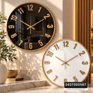 ساعة دائرية ارضية ابيض / اسود اطار ذهبي بارقام ذهبية بارزة