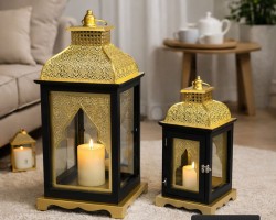 طقم فانوس رمضان مجوز CNC اسود مع ذهبي قطعتين