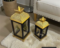 طقم فانوس رمضان مجوز CNC اسود مع ذهبي قطعتين