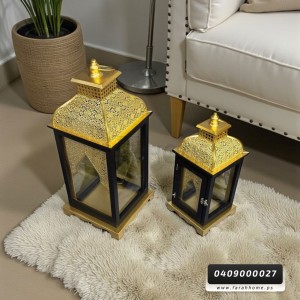 طقم فانوس رمضان مجوز CNC اسود مع ذهبي قطعتين