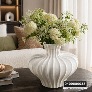 فازة بوهيمي ابيض مزهرية محزز شكل جرة عريض