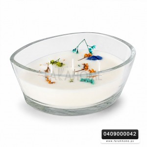 كاس شمعة عطريه مع زهور مجففة وغطا خشب بامبو