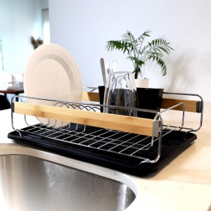 مشك صحون طابق واحد المنيوم اسود مع خشب مشك صحون طابق واحد المنيوم اسود مع خشب