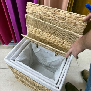 طقم /3 سلال غسيل قش مجدول مربع مع كيس قماش بغطاء  R22