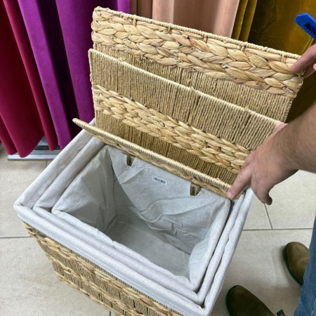 طقم /3 سلال غسيل قش مجدول مربع مع كيس قماش بغطاء  R22