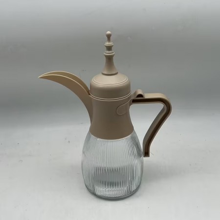 طقم بكرج قهوة / شاي زجاج محزز مع 6 فناجين سادة بيج