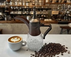 طقم بكرج قهوة / شاي زجاج مبزر مع 6 فناجين سادة اسود