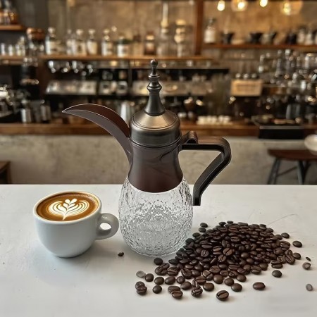 طقم بكرج قهوة / شاي زجاج مبزر مع 6 فناجين سادة اسود