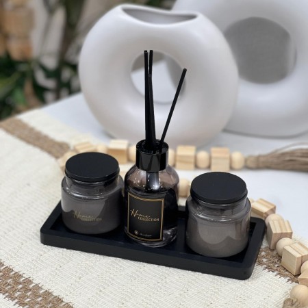 طقم معطر جو فاخر عيدان + شمعتين + ستاند - صينيه قاعدة 4 قطع