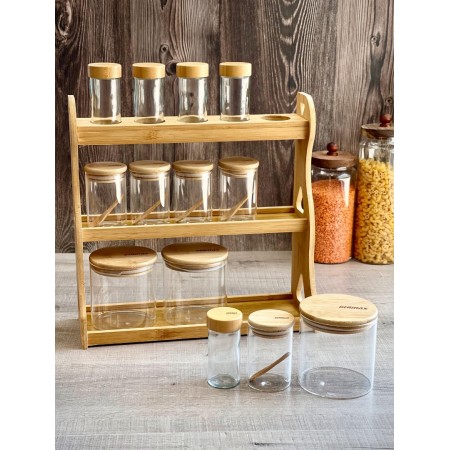 طقم ستاند بهار خشب مطربان زجاج  - مرتبان غطا بامبو 13 قطعة Canister set H3385-130 