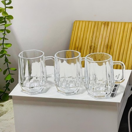 طقم كاسات شاي شفاف مع يد 12 قطعه مضلع من تحت ومنفوخ