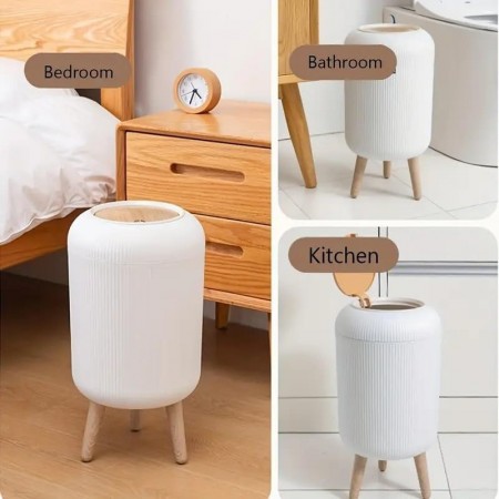 سلة مهملات غطا بامبو مع ارجل قواعد بلاستيك بيضاوي - مدور - مربع / دلو / سطل