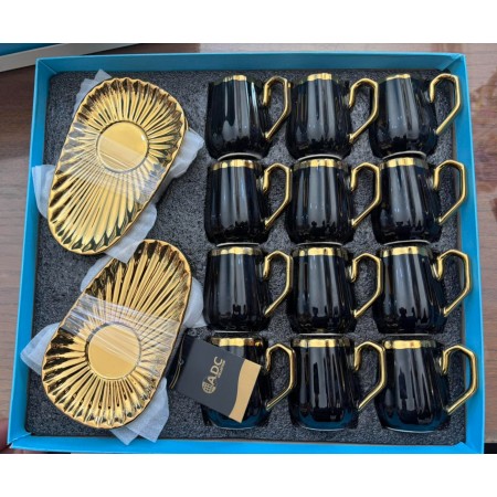 طقم 12 فنجان / فناجين قهوة مع يد مع استكانات مطاوله 12 صحون ذهبية 24 قطعة سداسي ADC