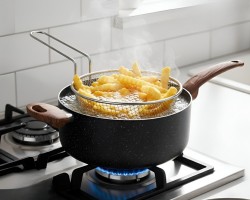 GT315مقلى شيبس قلاية بطاطا جرانيت اسود 24سم 3 قطع مع مصفاة زيت