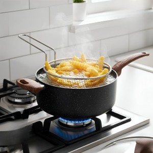 GT315مقلى شيبس قلاية بطاطا جرانيت اسود 24سم 3 قطع مع مصفاة زيت