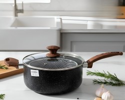 GT315مقلى شيبس قلاية بطاطا جرانيت اسود 24سم 3 قطع مع مصفاة زيت