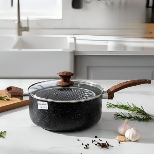 GT315مقلى شيبس قلاية بطاطا جرانيت اسود 24سم 3 قطع مع مصفاة زيت