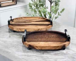 طقم صواني تقديم - مضايف هندي خشب  مكحل بيضاوي قطعتين