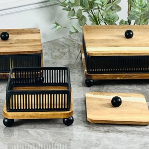 طقم مضايف هندي مربع مع معدن شبك شكل مربع 3 قطع