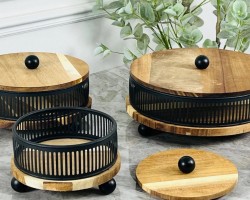 طقم مضايف هندي مربع مع معدن شبك شكل مدور 3 قطع طقم مضايف هندي مربع مع معدن شبك شكل مدور 3 قطع