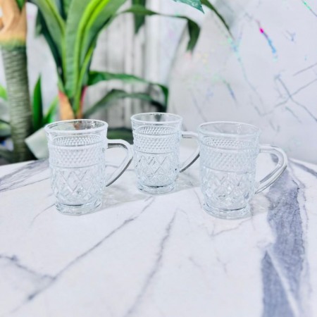 طقم كاسات شاي زجاج مزخرف ومنفوخ مع ايد 12 قطعة