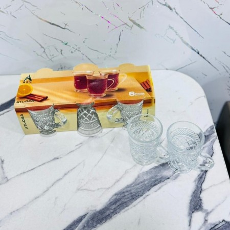 طقم كاسات شاي زجاج مزخرف ومنفوخ مع ايد 12 قطعة