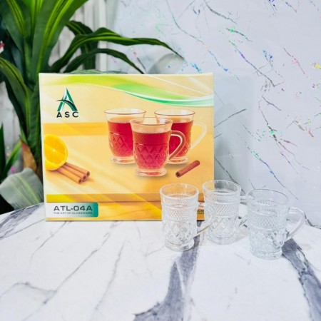 طقم كاسات شاي زجاج مزخرف ومنفوخ مع ايد 12 قطعة