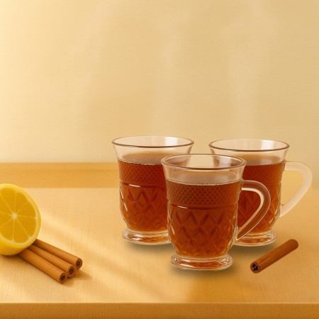 طقم كاسات شاي زجاج مزخرف ومنفوخ مع ايد 12 قطعة