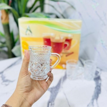 طقم كاسات شاي زجاج مزخرف ومنفوخ مع ايد 12 قطعة